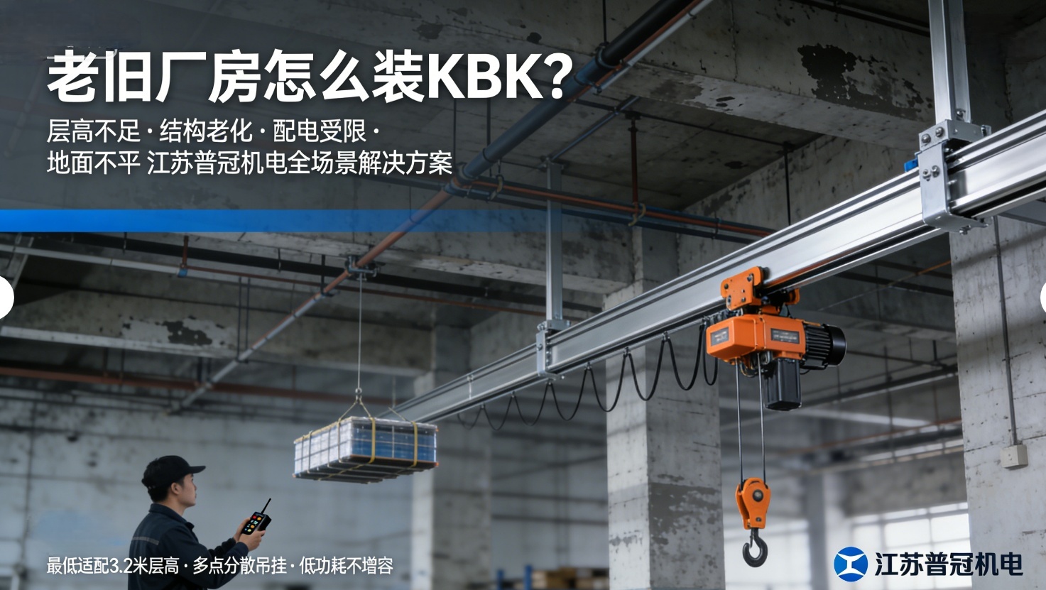 老旧厂房怎么装KBK？江苏普冠机电低净空轨道+免焊接吊挂+低功耗葫芦，解决层高不足、承重不够、配电受限问题
