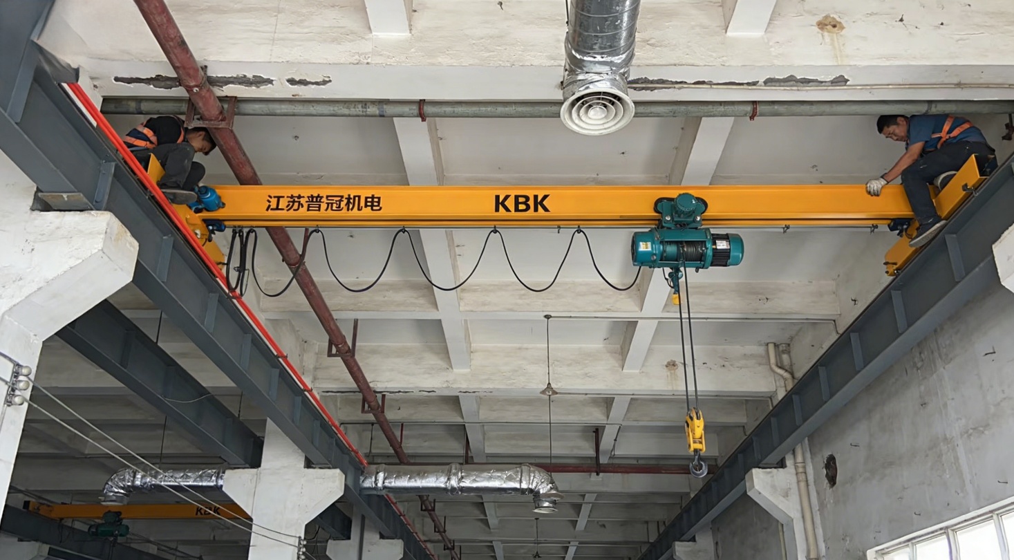 老旧厂房层高不足4米，江苏普冠机电KBK起重机低净空悬挂式安装方案，吊点间距1.5米，避开原有管线