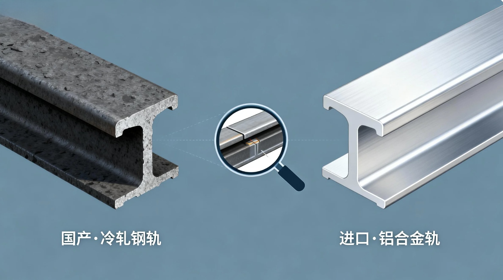 国产钢轨与进口铝轨截面及表面处理对比图 国产钢轨与进口铝轨截面及表面处理对比图