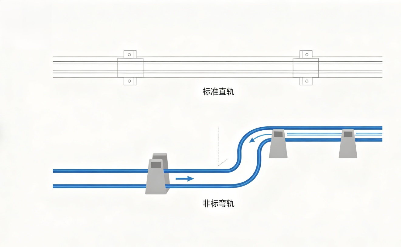 标准直轨与非标弯轨走向对比图，展示绕行障碍物