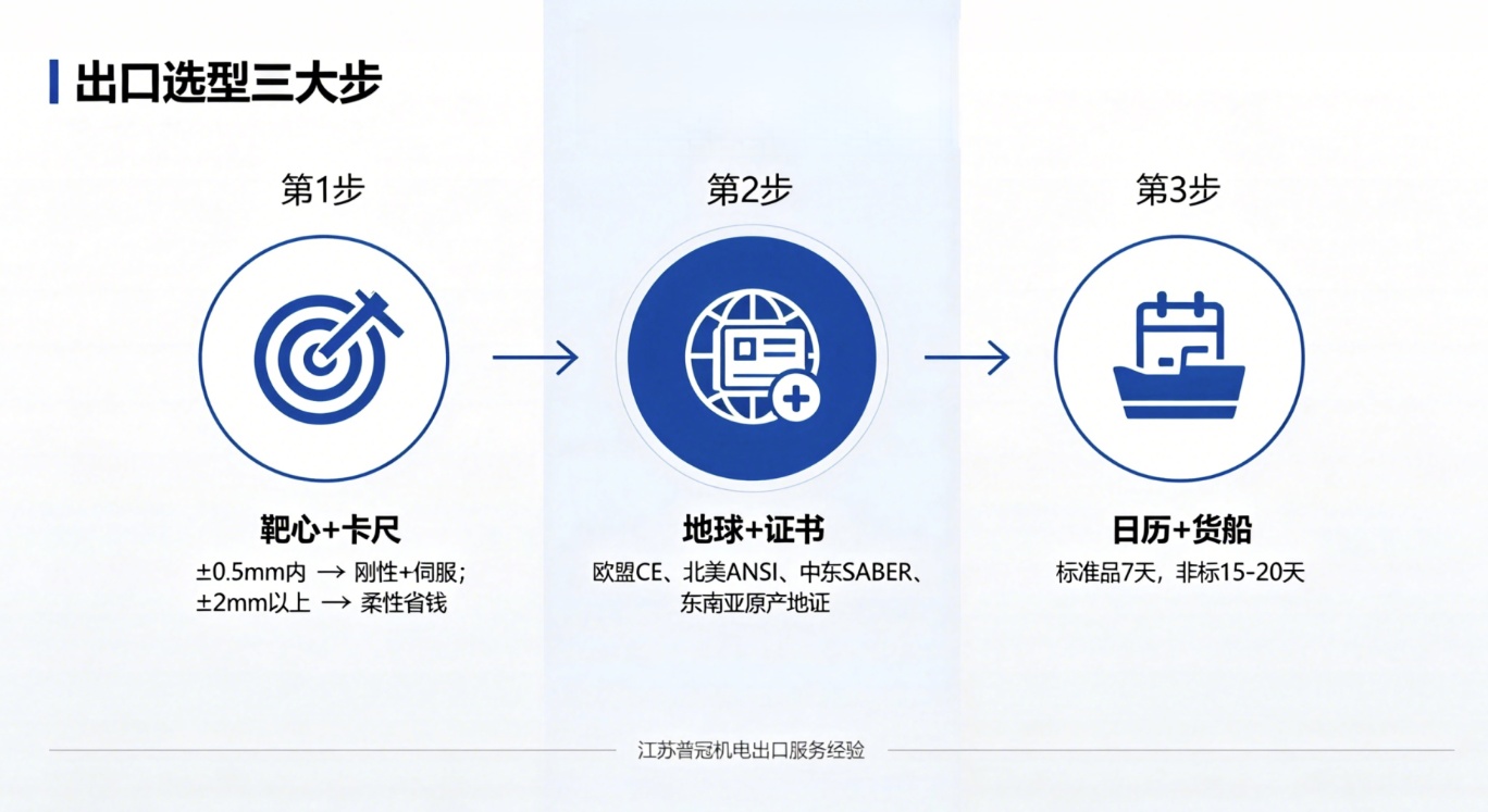 KBK出口选型三步法：定精度备认证算交期示意图