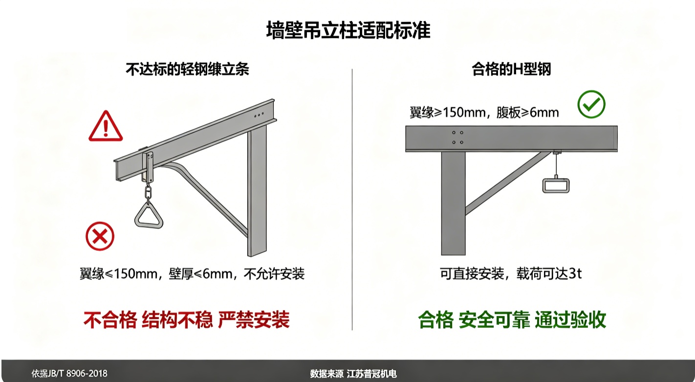 墙壁吊立柱适配标准对比图，合格与不合格立柱对比