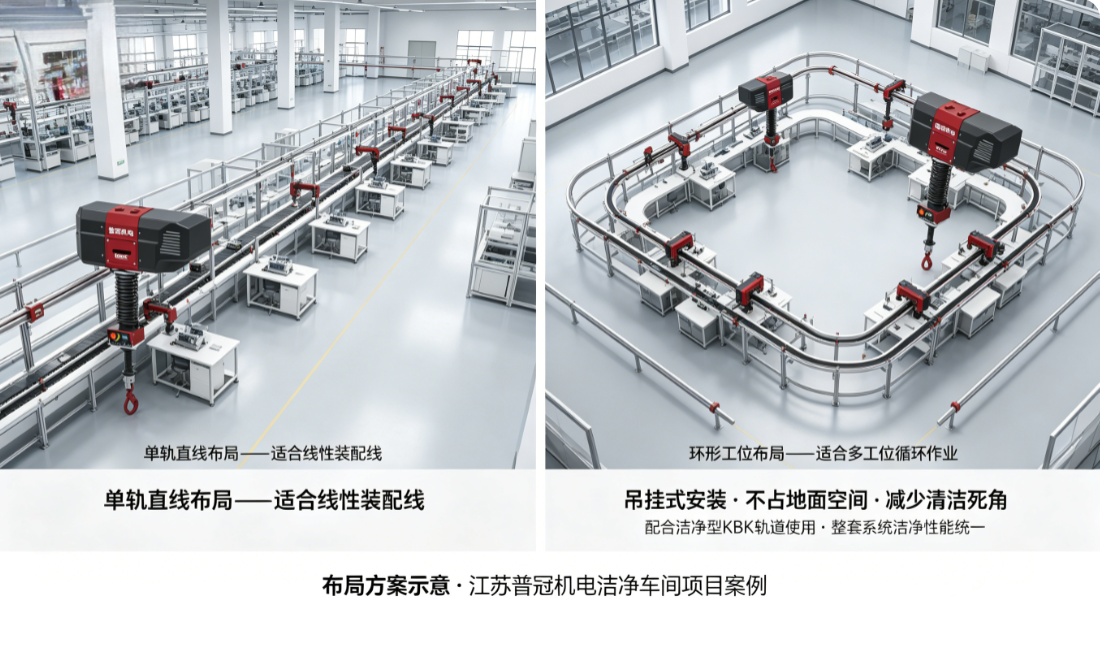 洁净车间智能提升机单轨与环形两种布局示意图