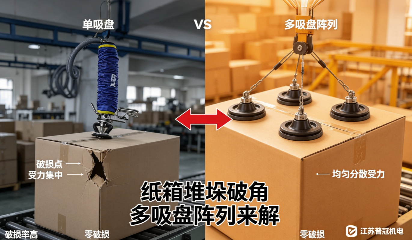 纸箱堆垛总破角？多吸盘阵列布局的真空吸管吊有妙招