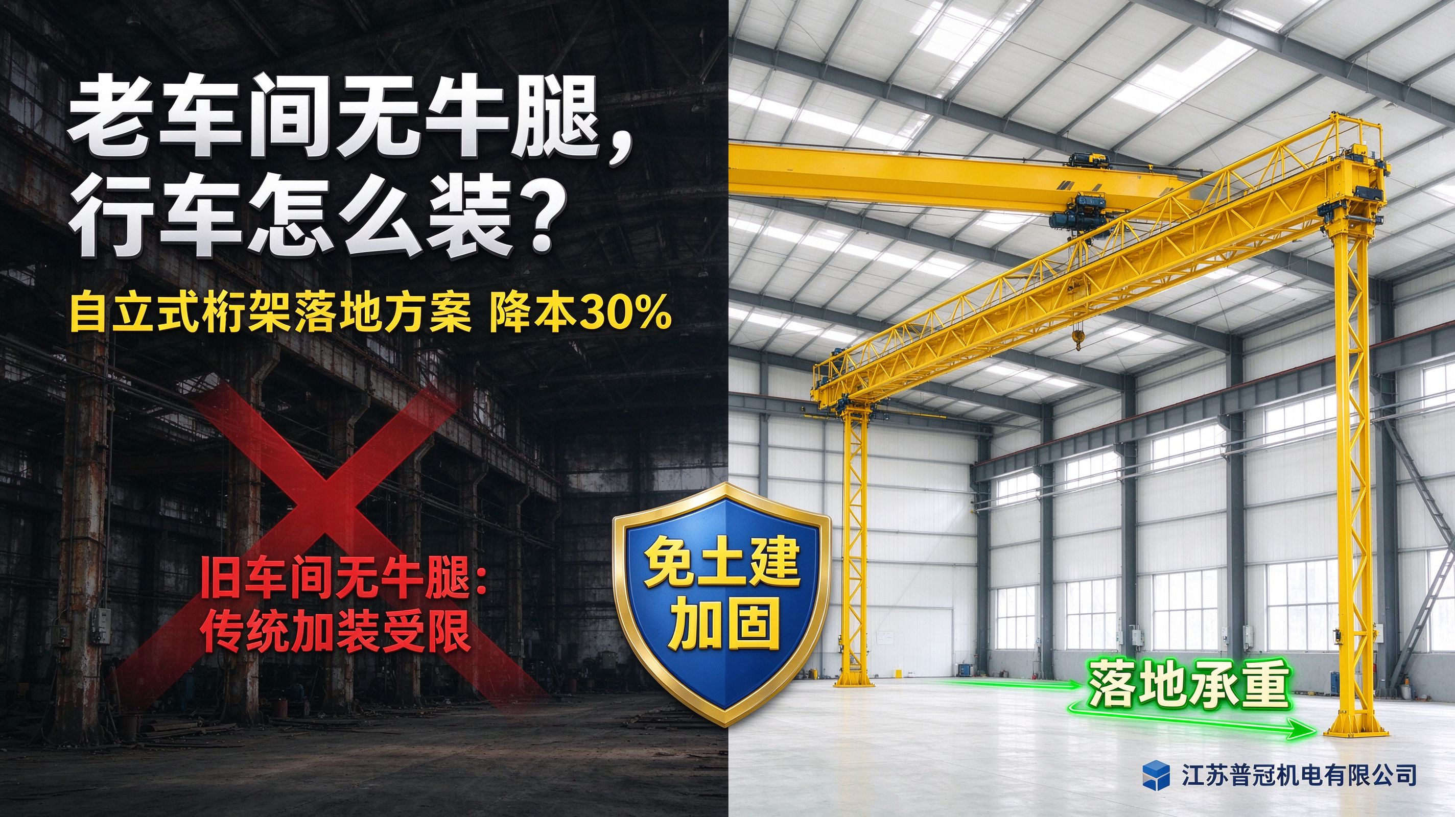 老旧车间无牛腿加装轻型行车案例：3t内桁架落地免加固方案
